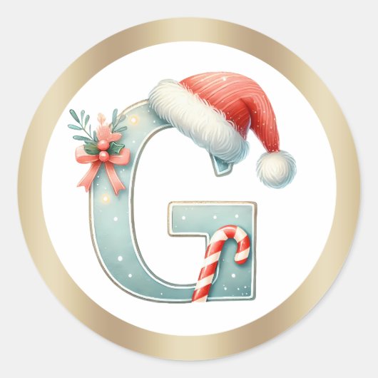 Monogram letter G, Santa hat Kerst sticker (Voorkant)