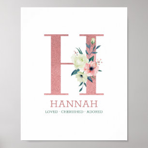 Monogram Letter H Roze Waterverf Floral Neursery Poster
