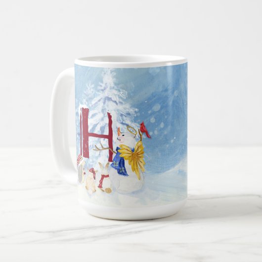 Monogram Letter H Winter Trees Kerstmis Snowman Koffiemok (Voorkant links)