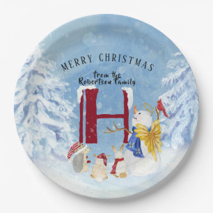 Monogram Letter H Winter Trees Kerstmis Snowman Papieren Bordje