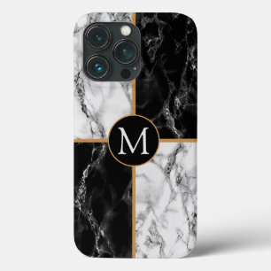 Monogram Letter iPhone Case Black White Marble