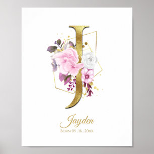 Monogram Letter J Gold Foil & Pink Floral Nursery Poster