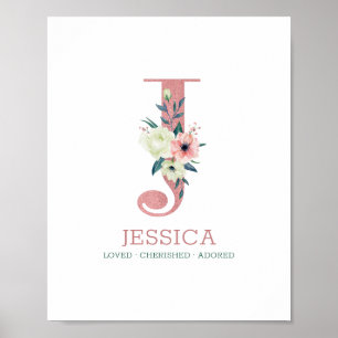 Monogram Letter J Roze Waterverf Floral Nursery Poster