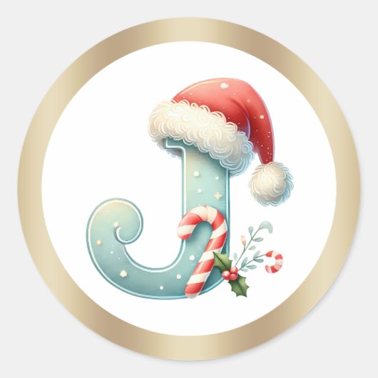 Monogram letter J, Santa hat Kerst sticker (Voorkant)