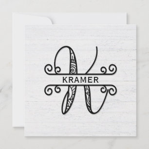 Monogram Letter K met familienaam Notitiekaartje