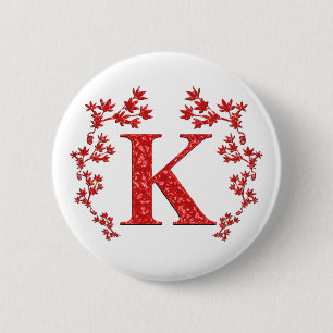 Monogram Letter K Red Leaves Ronde Button 5,7 Cm