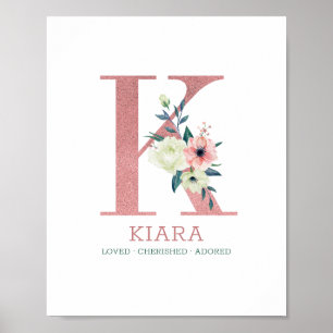 Monogram Letter K Roze Waterverf Floral Neursery Poster