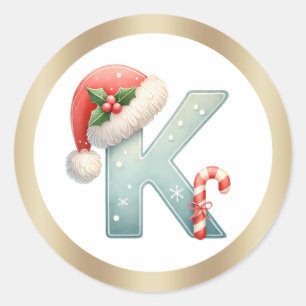 Monogram letter K, Santa hat Kerst sticker