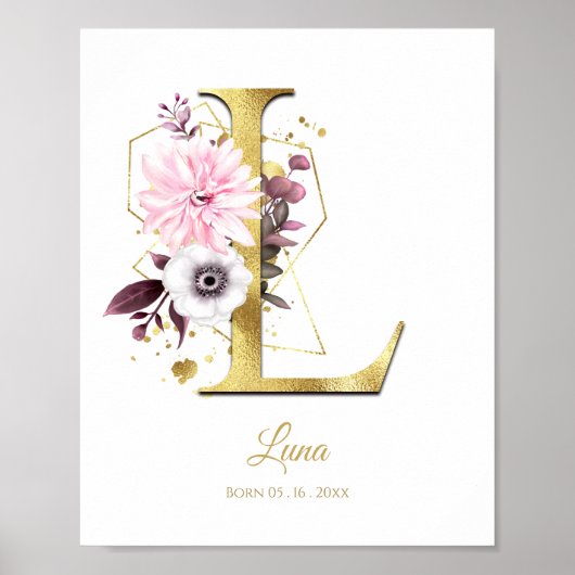 Monogram Letter L Gold Foil & Pink Floral Nursery Poster (Voorkant)