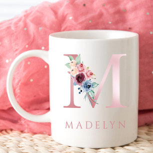 Monogram Letter M Floral Waterverf Coffee Mok