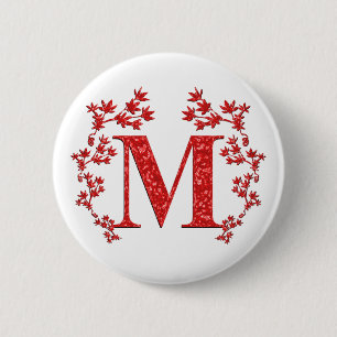 Monogram Letter M Red Leaves Ronde Button 5,7 Cm