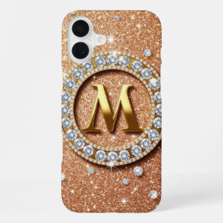 Monogram Letter M Roze Goud ✨ Glitter Luxe Chic iPhone 16 Plus Hoesje