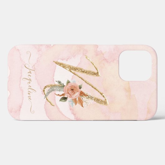 Monogram Letter N bloemenschrift Gouden Waterverf Case-Mate iPhone Case (Achterkant (horizontaal))