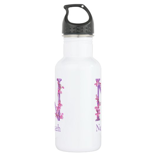 Monogram letter N naam orchidee roze paarse Waterfles (Achterkant)