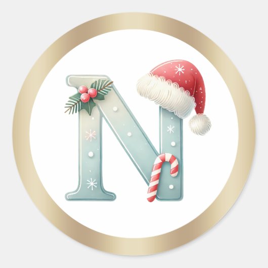 Monogram letter N, Santa hat Kerst sticker (Voorkant)
