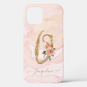 Monogram Letter O Floral Script Gold Waterverf iPhone 12 Hoesje