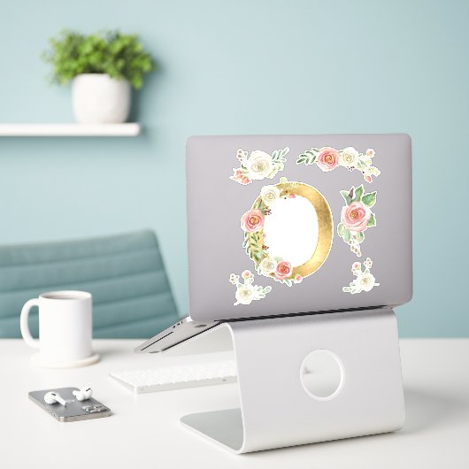 Monogram Letter O Roze Roze Bloemenblad Waterverf Sticker (Laptop op bureau)