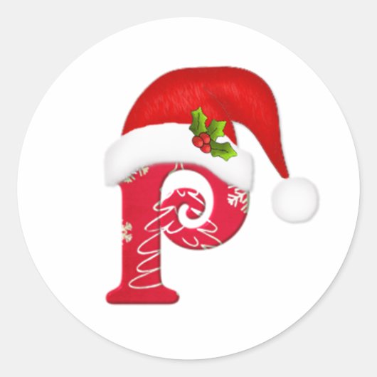 Monogram letter P, Santa hat Kerst sticker (Voorkant)