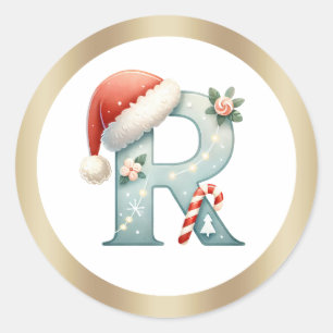 Monogram letter R, Santa hat Kerst sticker
