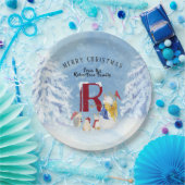 Monogram Letter R Vrolijk Kerstmis Engel Sneeuwman Papieren Bordje (Feest)