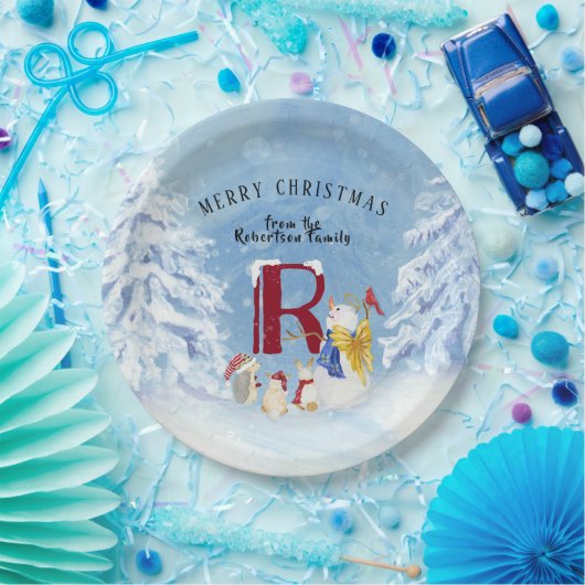 Monogram Letter R Vrolijk Kerstmis Engel Sneeuwman Papieren Bordje (Feest)