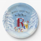 Monogram Letter R Vrolijk Kerstmis Engel Sneeuwman Papieren Bordje (Voorkant)