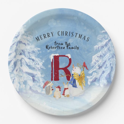 Monogram Letter R Vrolijk Kerstmis Engel Sneeuwman Papieren Bordje (Voorkant)