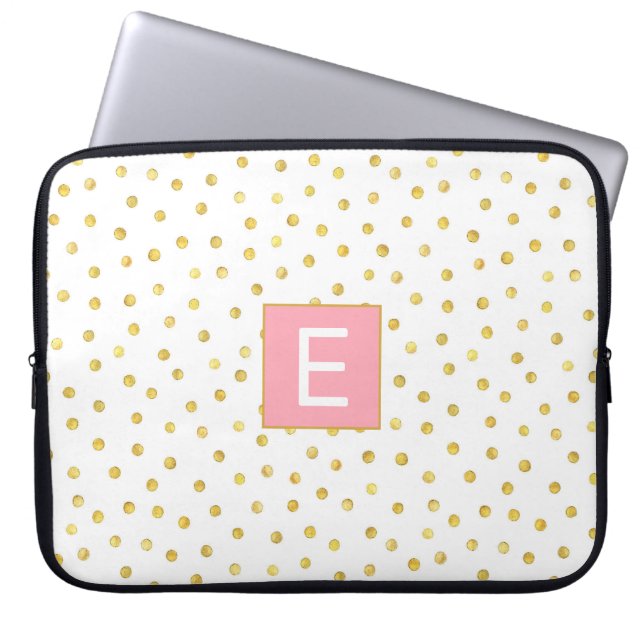 Monogram Letter roze Gold Polka Dot Pattern Girly Laptop Sleeve (Voorkant)