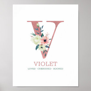 Monogram Letter/Roze Waterverf Floral Nursery Poster
