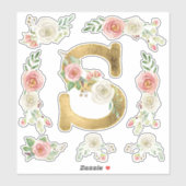 Monogram Letter S Roze Roos Bloemblad Waterverf Sticker (Vel)
