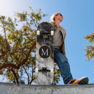 Monogram Letter Skateboard Cadeau Zwart Wit Marmer