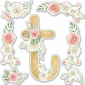 Monogram Letter T Pink Rose Floral Leaf Waterverf Sticker (Voorkant)