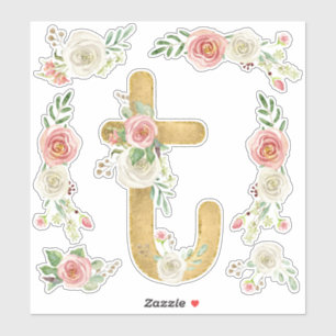 Monogram Letter T Pink Rose Floral Leaf Waterverf Sticker