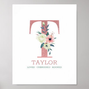 Monogram Letter T Roze Waterverf Floral Neursery Poster