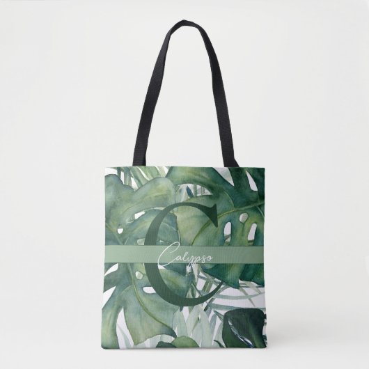Monogram Letter Tropische bladeren Monstera groen Draagtas (Voorkant)