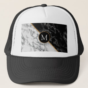 Monogram Letter Trucker Hat Black White Marmer Trucker Pet