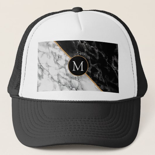 Monogram Letter Trucker Hat Black White Marmer Trucker Pet (Voorkant)