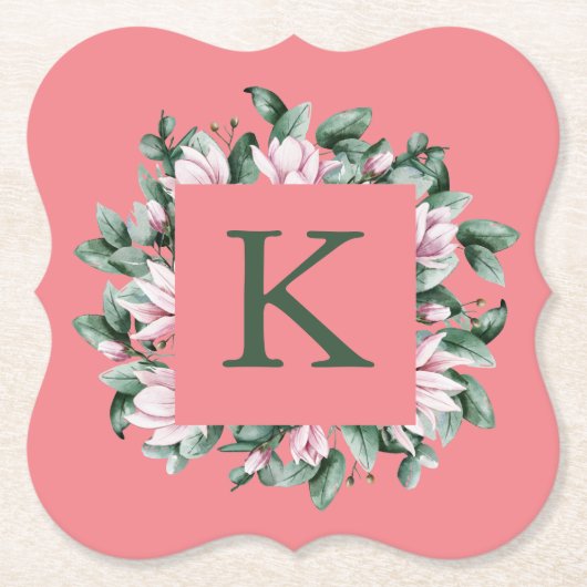Monogram Letter Vierkant Bloemenkader Kartonnen Onderzetters (Voorkant)