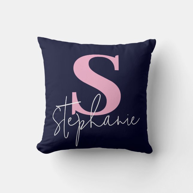 Monogram Lettered Script Navy Roze Worpkussen Kussen (Voorkant)