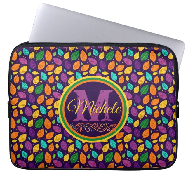 Monogram levendige herfstbladeren laptop sleeve (Voorkant)