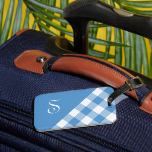 Monogram Lichtblauw Witte Buffalo Check Geometrisc Bagagelabel