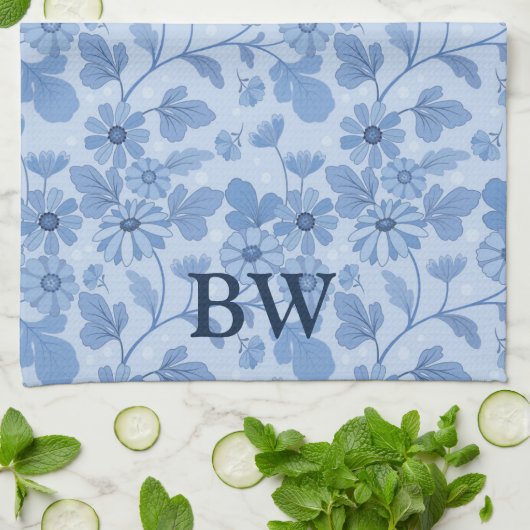 Monogram Light Blue en Navy Floral Pattern Theedoek (Gevouwen)