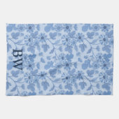 Monogram Light Blue en Navy Floral Pattern Theedoek (Horizontaal)