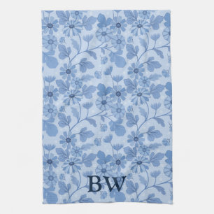 Monogram Light Blue en Navy Floral Pattern Theedoek