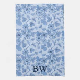 Monogram Light Blue en Navy Floral Pattern Theedoek