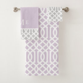 Monogram lila en grijs Trellis | bewerkbare kleure Bad Handdoek