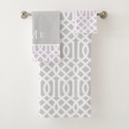Monogram lila en grijs Trellis | bewerkbare kleure Bad Handdoek
