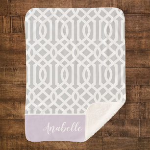 Monogram lila en grijs Trellis bewerkbare kleure Sherpa Deken