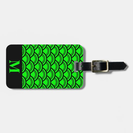 Monogram Lime Green Art Deco Scallop Fish Scales Bagagelabel (Voorkant horizontaal)