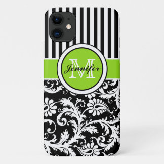 Monogram Limoen Black White Striped Damask iPhone  iPhone 11 Hoesje